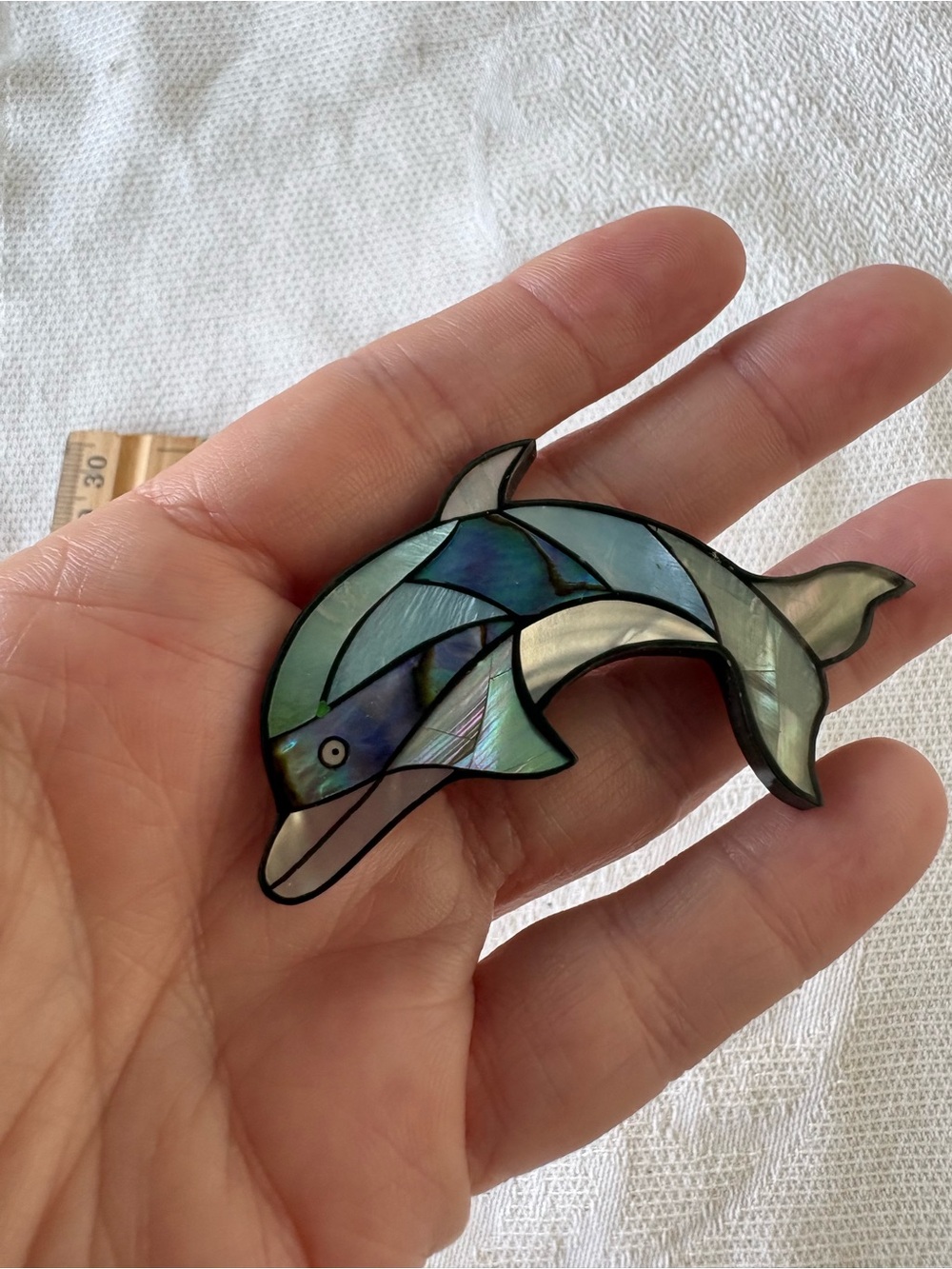 Vintage Dolphin Shell Inlay shell brooch- Iridescent Blue-Green